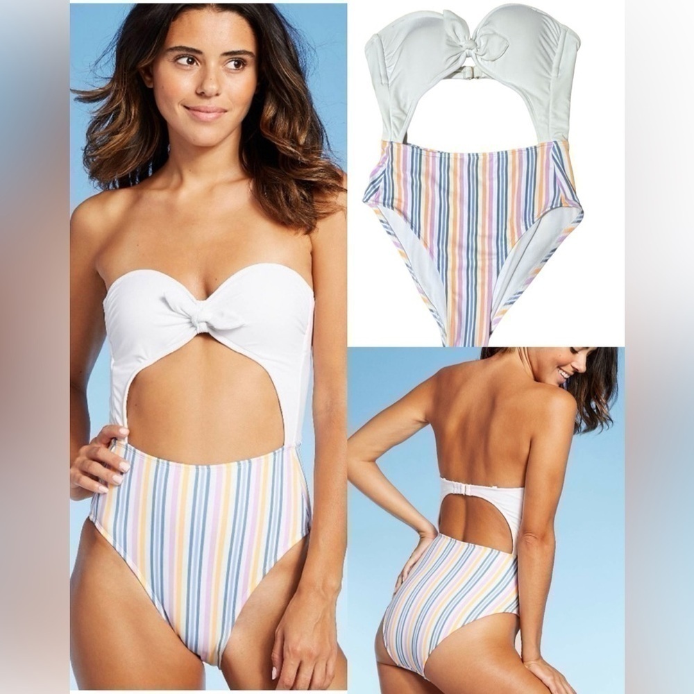 Xhilaration Womens Jrs Tie-Front Cut Out 1 Piece Swimsuit Multi Stripe Sz Medium